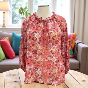 A Love Story Coral Floral Glitter Blouse Ruffle Neck 2X Boho Romantic NWT